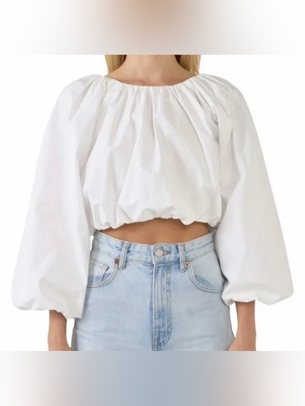 Anthropologie Maeve White Blouson Sleeve Crop Top